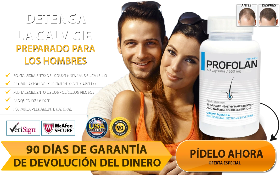 Botella de Profolan con la promesa de detener la caída del cabello